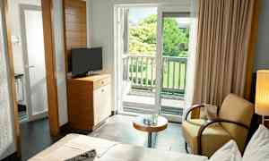 Ett hotellrum med säng, fåtölj, bord, TV och en balkong som vetter mot en grönskande trädgård. (AI-genererad text)