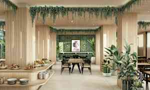 Modernt restaurangområde med trä och gröna dekorationer. (AI-genererad text)