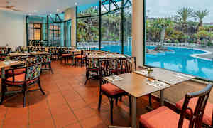 Inomhusrestaurang med utsikt mot en pool och omgivande palmträd genom stora fönster. (AI-genererad text)