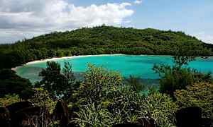 En grönskande kustlinje vid ett turkost hav. (AI-genererad text)