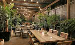 En utomhusterrass med träbord, rottingstolar och omgivande grönska. Taket är dekorerat med stringljus. (AI-genererad text)