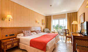 Bild på ett hotellrum med två sängar, stol och bord, samt en TV. (AI-genererad text)