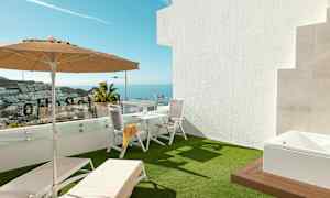 Terrass med solstolar, parasoll och bord med stolar, havsutsikt i bakgrunden. (AI-genererad text)