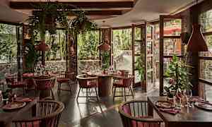 Interiörbild av en restaurang med trädetaljer och växter. (AI-genererad text)
