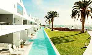 En pool vid ett hotell med gräsmatta och palmer. (AI-genererad text)