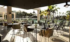 Uteservering med moderna möbler, omgiven av palmer. (AI-genererad text)