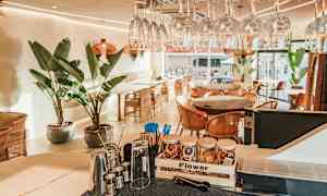 Ett modernt café med glas, stora gröna växter och rottingstolar. (AI-genererad text)