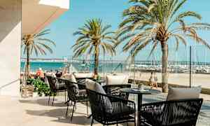 Uteservering med sittplatser och bord mot havsutsikt, palmer i bakgrunden. (AI-genererad text)