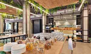 En buffé med glasburkar fyllda med olika sorts flingor och skålar för servering i en modern restaurangmiljö. (AI-genererad text)