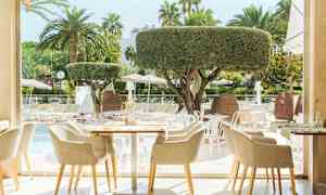 Restaurang med utsikt över utomhuspool och solstolar, omgiven av palmer och träd. (AI-genererad text)