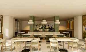 Interiör av en sittgrupp med bord, stolar och växter som dekoration. (AI-genererad text)