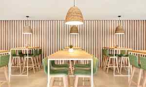 Bild på modern restauranginteriör med bord och stolar i trä och grönt, och hängande lampor. (AI-genererad text)