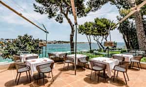 Uteservering med bord och stolar, omgiven av träd och med utsikt över havet. (AI-genererad text)