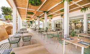 Utomhusrestaurang med bord och stolar under ett tak med gröna växter. (AI-genererad text)