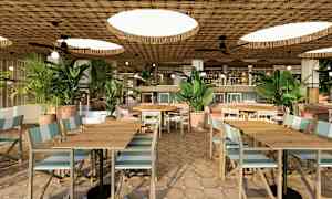 Bild av en elegant restaurang med tak av flätad träpanel, stora krukväxter och sittplatser med träbord och stolar. (AI-genererad text)