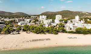 Strand med parasoller och stolar bredvid gröna träd och byggnader i bakgrunden. (AI-genererad text)