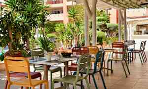 En utomhusterrass med färgglada stolar och bord, omgiven av grönskande växter. (AI-genererad text)