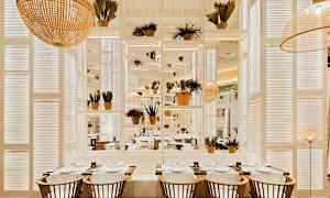 Interiör av en restaurang med bord, stolar och växter i en ljus och modern design. (AI-genererad text)