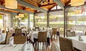 Restaurang med dukade bord och stora fönster. (AI-genererad text)