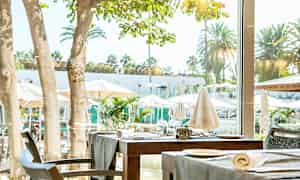 Bild av ett dukat bord vid ett fönster med utsikt över träden och parasoll på en solig uteplats. (AI-genererad text)