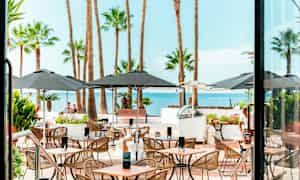 Restaurangmiljö med uteservering, möbler och palmer med havsutsikt. (AI-genererad text)