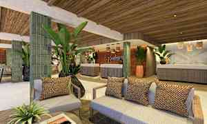 Hotelllobby med soffgrupper, prydnadsväxter och reception. (AI-genererad text)