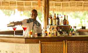 En bartender häller upp drycker i cocktailglas vid en bar. (AI-genererad text)