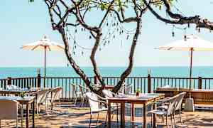 En utomhusrestaurang med träbord och stolar på en terrass med utsikt över havet. Ett stort träd med ljusslingor står i centrum. (AI-genererad text)