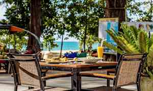 Ett uppdukat bord med stolar utomhus, omgiven av grönska och med havet i bakgrunden. (AI-genererad text)