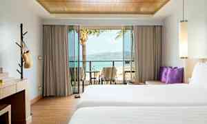 Hotellrum med två sängar, skrivbord och balkong med utsikt över stranden. (AI-genererad text)