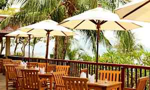 Uteservering med träbord och stolar samt stora parasoller, omgiven av palmer. (AI-genererad text)