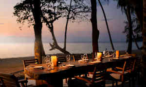 Långbord utomhus på en terrass vid stranden, omgiven av träd och utsikt över havet i solnedgången. Bordet är dukat med tallrikar, glas och ljuslyktor. (AI-genererad text)