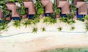 Flygbild över strandnära bungalows omgivna av grönska och palmer. (AI-genererad text)