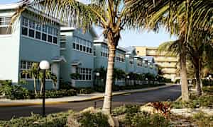 En rad av blå byggnader med vita fönster, omgivna av palmer och en stenig trädgård. (AI-genererad text)