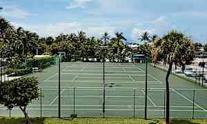 En utomhustennisbana med grön färg, omgiven av ett staket och palmer. (AI-genererad text)