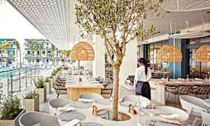 En restaurang med utsikt över en pool och moderna lägenheter, inkluderar en olivträd dekoration och rottinglampor. (AI-genererad text)