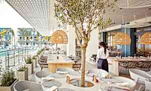 En restaurang med utsikt över en pool och moderna lägenheter, inkluderar en olivträd dekoration och rottinglampor. (AI-genererad text)