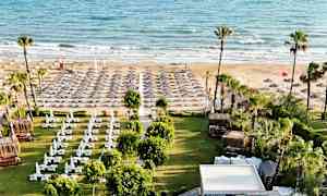 Bild av en strand med solstolar och parasoll samt ett grönområde med skuggande tak framför. (AI-genererad text)