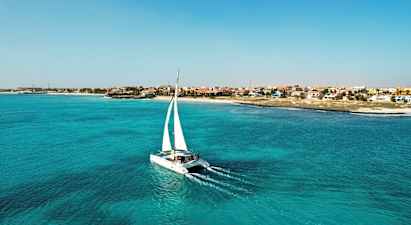 Katamaran seglar nära kusten vid en stad. (AI-genererad text)