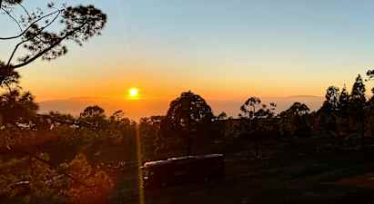 Bild av en solnedgång över en skog med ett fordon i förgrunden. (AI-genererad text)