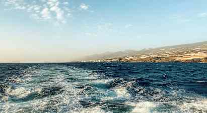 Havslandskap med vågor och kustlinje i bakgrunden. (AI-genererad text)