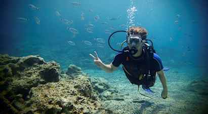 En person i dykardräkt under vatten omgiven av små fiskar och med en stenig havsbotten i bakgrunden. (AI-genererad text)