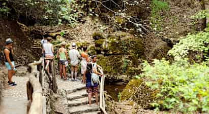 En grupp människor står på en träbelagd stig i en skog, omgivna av grönska och stenformationer. (AI-genererad text)