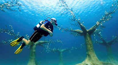 En dykare simmar under vatten ovanför konstgjorda undervattensskulpturer i form av träd. (AI-genererad text)