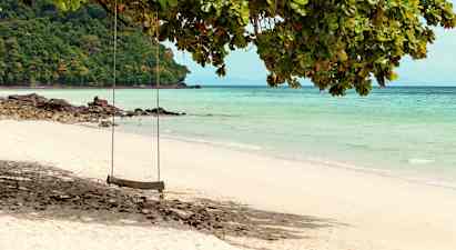 En gunga hänger från ett träd vid en sandstrand med klart vatten. (AI-genererad text)