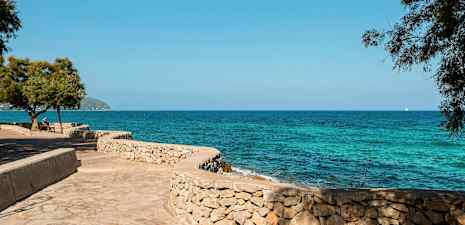 En stenmur vid havet med blå himmel och synliga träd i förgrunden. (AI-genererad text)