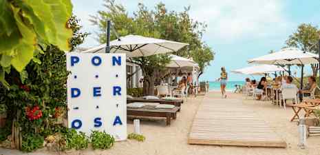 En restaurang vid stranden med bord och parasoller, en trägång leder mot vattnet. (AI-genererad text)