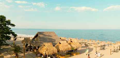 Strand med en bar med halmtak och parasoller vid vattnet. (AI-genererad text)