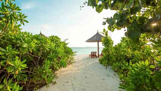 En sandig stig går genom grön vegetation mot två solstolar under ett halmtak på en strand med havsutsikt. (AI-genererad text)