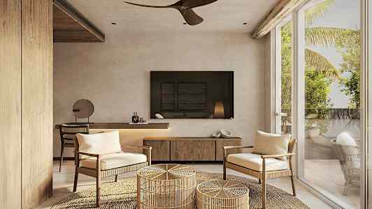 Modernt rum med stora fönster, två stolar, och en rottingmatta. (AI-genererad text)